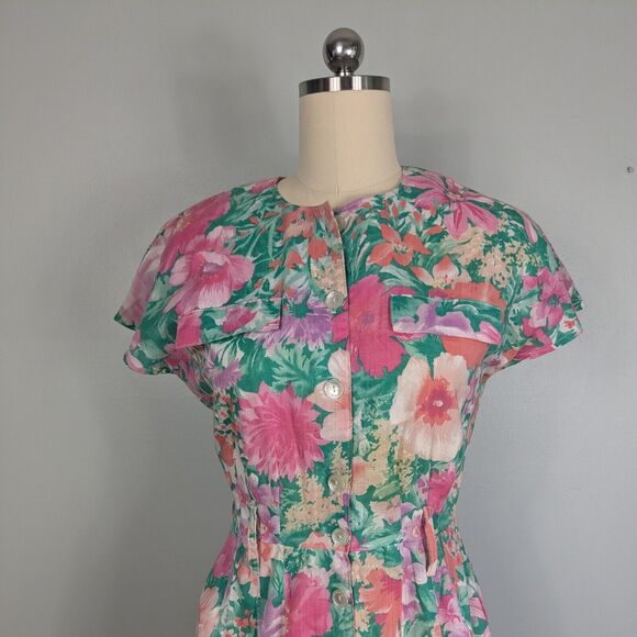 Vintage Midi Dress Fit Flare Floral 80s 90s Housewife Retro Pink Green Button 10 - Picture 7 of 16